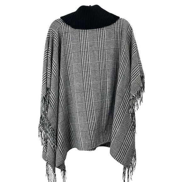 Talbots Houndstooth plaid Poncho Cape Shawl M/L Black White Fringe - Picture 5 of 7